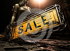 An animated girl holds a yellow \'SALE\' sign surrounded by chains: Big Sale photo