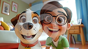 Animated girl with glasses smiling with a playful dog.