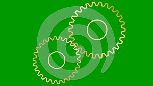 Animated golden two gears spin. Linear symbol. Concept of teamwork, business, technology, industry. Looped video