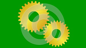 Animated golden two gears spin. Looped video. Concept of teamwork, business.