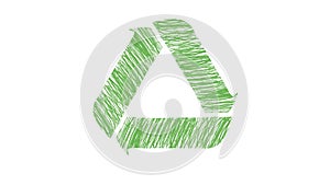 Animated green recycling symbol with cartoon pen style