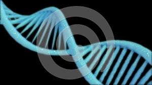 Animated hologram of blue glowing rotating DNA double helix on black background.