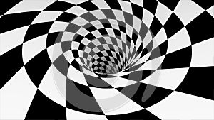 Animated hypnotic tunnel with white and black squares. Striped optical illusion three dimensional geometrical wormhole