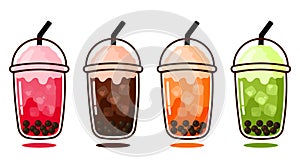 Animated Iced Bubble Tea in Strawberry, Green Tea, Chocolate, Thai Tea Flavor Set Collection with Ice Cube in Cute Cartoon Vector