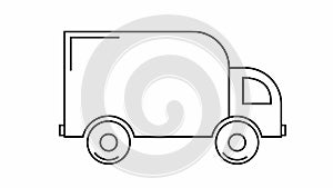 Animated icon of delivery car. Black linear truck rides. Concept of delivery, moving, logistic, trucking, shipping. Looped video.