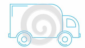 Animated icon of delivery car. Blue linear truck rides. Concept of delivery, moving, logistic, trucking, shipping. Looped video.