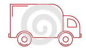 Animated icon of delivery car. Red linear truck rides. Concept of delivery, moving, logistic, trucking, shipping. Looped video.