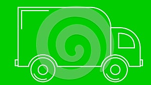 Animated icon of delivery car. White linear truck rides. Concept of delivery, moving, logistic, trucking, shipping. Looped video.