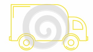 Animated icon of delivery car. Yellow linear truck rides. Concept of delivery, moving, logistic, trucking, shipping. Looped video.