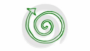Animated icon of spiral arrow spins. green symbol rotates. Looped video. Hand drawn vector illustration