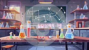 Animated illustration of chemistry cabinet, empty classroom laboratory interior with chemical formula on blackboard