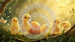 Animated illustration with cute chicks and Easter eggs