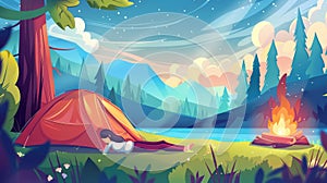 Animated illustration of girl asleep in a tent on a summer camp on a lake shore. Active recreation modern landing page