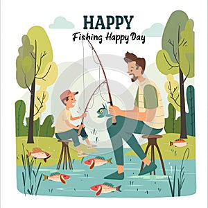 An animated image depicts a father and son enjoying a fishing excursion among red fish in a lush outdoor setting