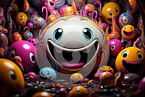 an animated image of a smiling face surrounded by many colorful balls