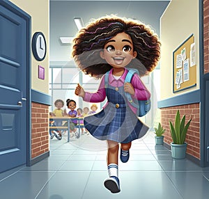 An animated image of a young girl with a backpack joyously running through a bright school corridor with lockers and notice boards