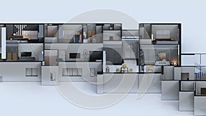 Animated isometric interior design plan of a 3 bedroom house