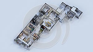 Animated isometric interior plan of a 3 bedroom house