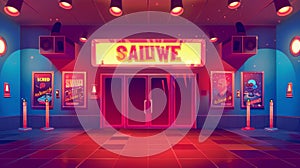 Animated landing page to promote movies, shows, or concerts with movie posters on a red wall and glowing spotlights