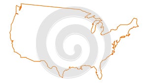 Animated linear orange icon of USA map is drawn. Symbol of United states of America. Line vector illustration