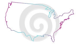 Animated linear pink blue icon of USA map is drawn. Symbol of United states of America. Line vector illustration