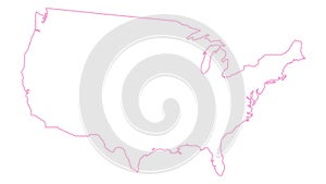 Animated linear pink icon of USA map is drawn. Symbol of United states of America. Line vector illustration