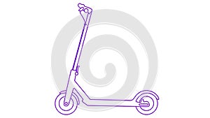 Animated linear violet icon of electric kick scooter. Line symbol is drawn. Urban mobile youth transport. City transportation.
