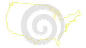 Animated linear yellow icon of USA map is drawn. Symbol of United states of America. Line vector illustration