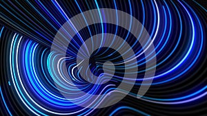 Animated lines move through the tunnel. Cyber virtuality in a blue time wormhole. 3D illustration of a nano tunnel. The speed of