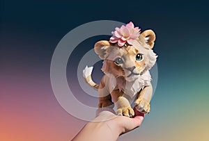 Animated little fantastic baby lion with pink flower on its head stands on the artist\'s hand