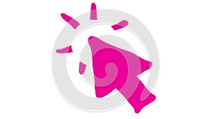 Animated magenta symbol of mouse cursor with rays. pink arrow moves and clicks. Icon in sketch style. Hand drawn illustration