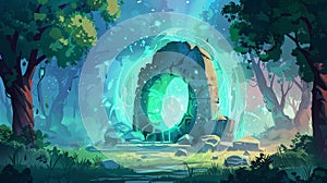 An animated magical portal is seen on a stone wall in a forest behind glowing plasma and haze swirls, creating a scene
