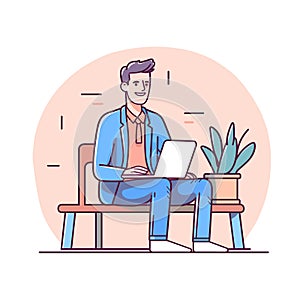 Animated male character sitting bench using laptop, casual clothing, smiling, professional vibe photo