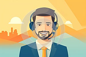 Animated male customer service representative with cityscape, sunset colors, professional attire