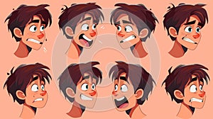 An animated man's face with different emotions. The young guy is neutral looking, laughing and angry, embarrassed