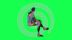 Animated man sitting talking to people ne t to him from left angle on green scre