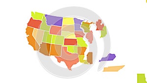 Animated map of United state of America showing administrative regions. USA map with color federal states appearing