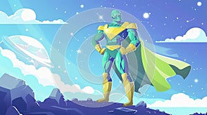 Animated Martian alien cartoon character stands with arms akimbo on extraterrestrial planet landscape. Galaxy comer with photo