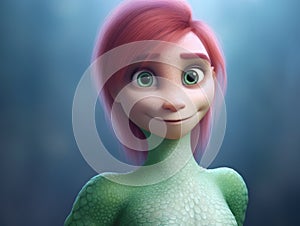 Animated mermaid with pink hair and green scales