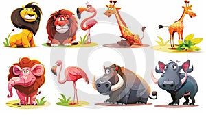 Animated modern cartoon set of african animals from safari parks, zoos and savannas. Cute cartoon hippo, lion, giraffe