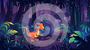 Animated modern illustration of a cute baby velociraptor in the jungle at night. Dinosaur character in a forest of