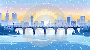 An animated modern parallax background with a bridge above water, city buildings, and snowfall in winter. Modern