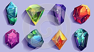 Animated modern set of ruby, diamond, amethyst and emerald gems. Game icons of magic jewel crystals on a white