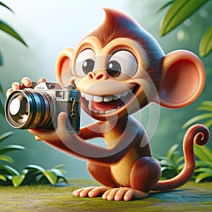 An animated monkey with a big smile holding a vintage camera, ready to capture a moment in the jungle