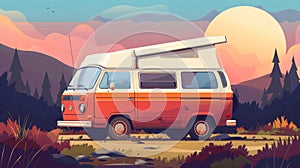 Animated motorcycle cartoon. Vintage rv bus trailer for summer trip. Retro family vehicle illustration. Family camp