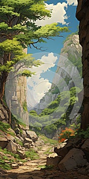 Animated Mountain Landscape With Rocks And Trees