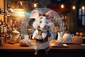 Animated mouse in a cozy cafe setting,. Generated AI