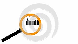 Animated orange and black icon of magnifier. Data graph. Symbol of loupe. Concept of analysis. Looped video.