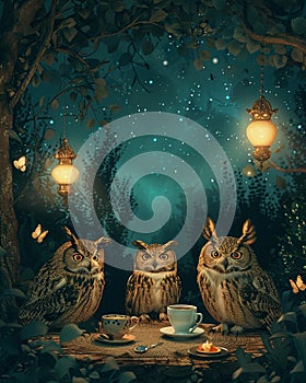Animated owls in a nocturnal coffee gathering, under a starlit sky, portrayed in magical watercolor hues