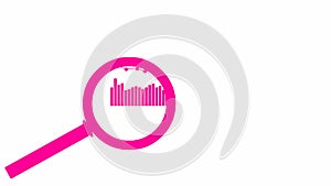 Animated pink icon of magnifier. Data graph. Symbol of loupe. Concept of analysis. Looped video.